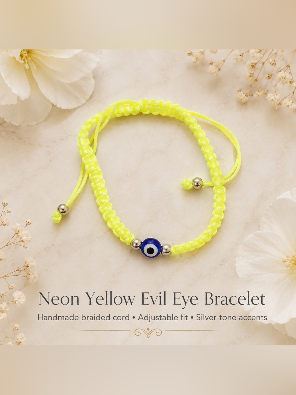 Neon Yellow Evil Eye Adjustable  Bracelet